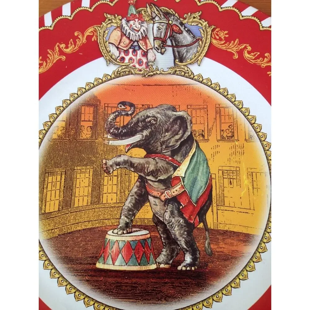 Vtg Restoration Hardware Red Enamel Metal Plate Antique Circus Elephant Clown